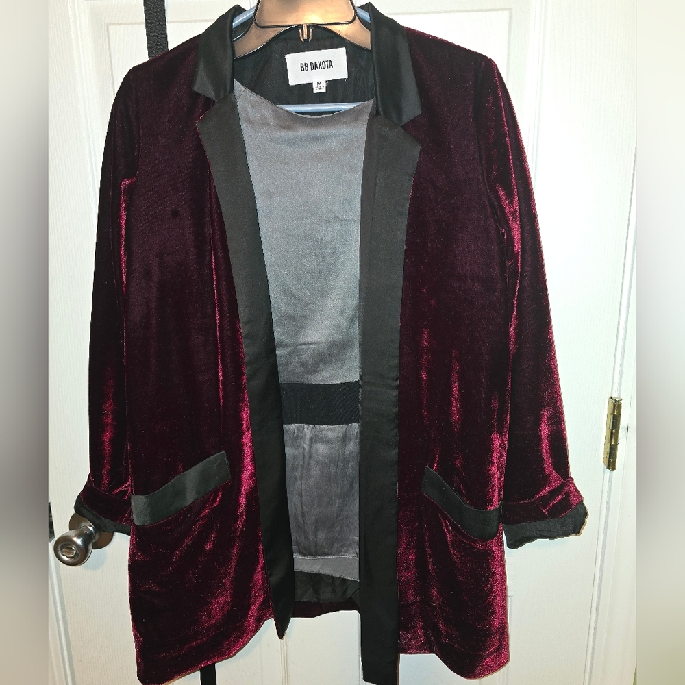 BB Dakota Velvet Burgandy Smoking Jacket Blazer Midnight Paris Medium Open Front - Picture 9 of 10